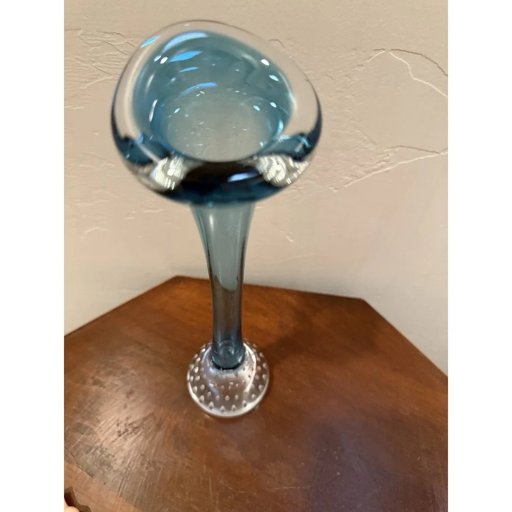 VTG Swedish Art Glass Bo Borgstrom Aseda Calla Blue Bone Bubbles Vase 9